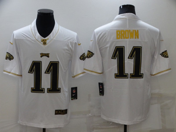 Men's Philadelphia Eagles #11 A. J. Brown 100th Season Golden Edition Stitched Jersey - Click Image to Close